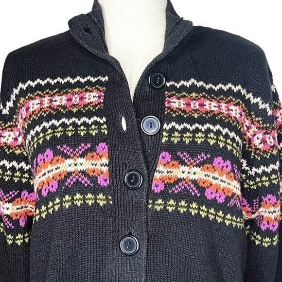 TIARA International Fair Isle Knit Button Up Black Sweater Cardigan Size Medium - Picture 5 of 10